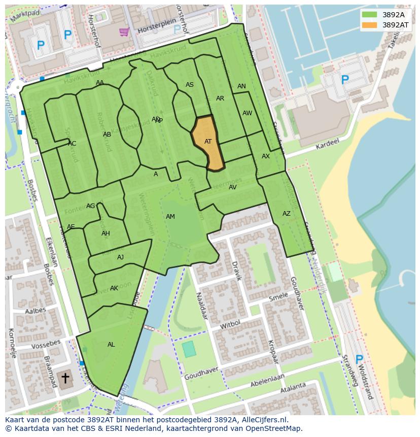 Afbeelding van het postcodegebied 3892 AT op de kaart.