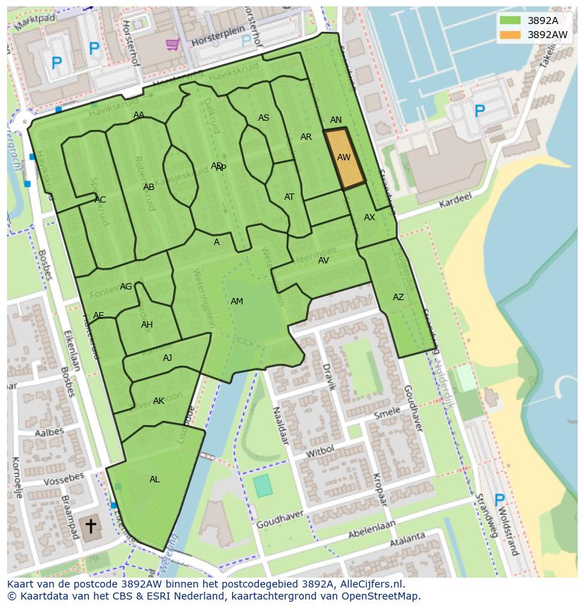 Afbeelding van het postcodegebied 3892 AW op de kaart.