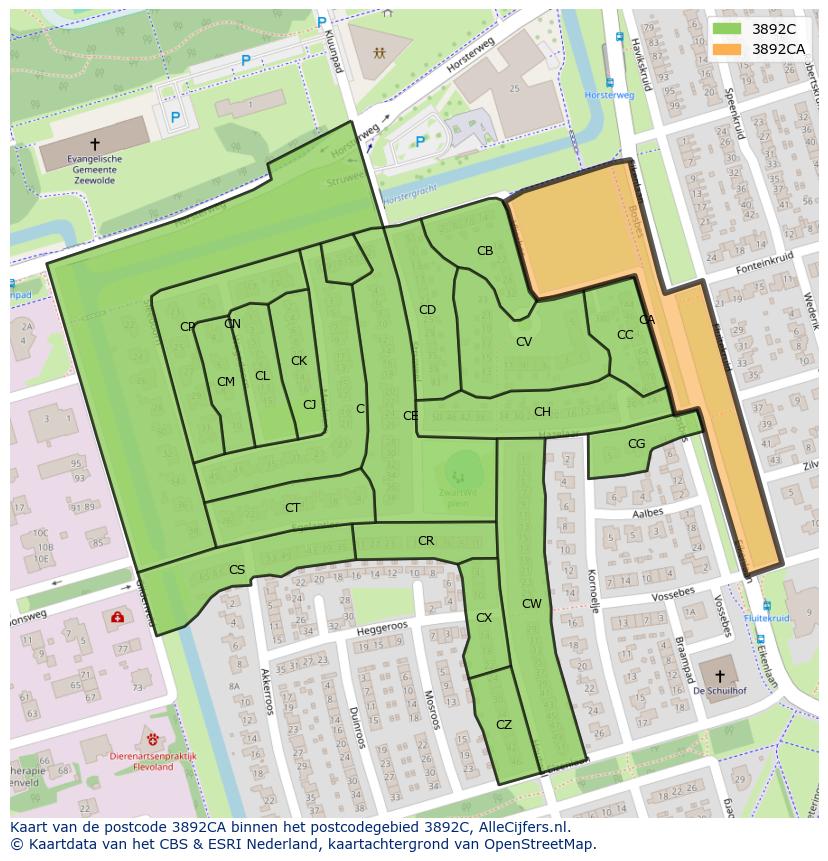 Afbeelding van het postcodegebied 3892 CA op de kaart.