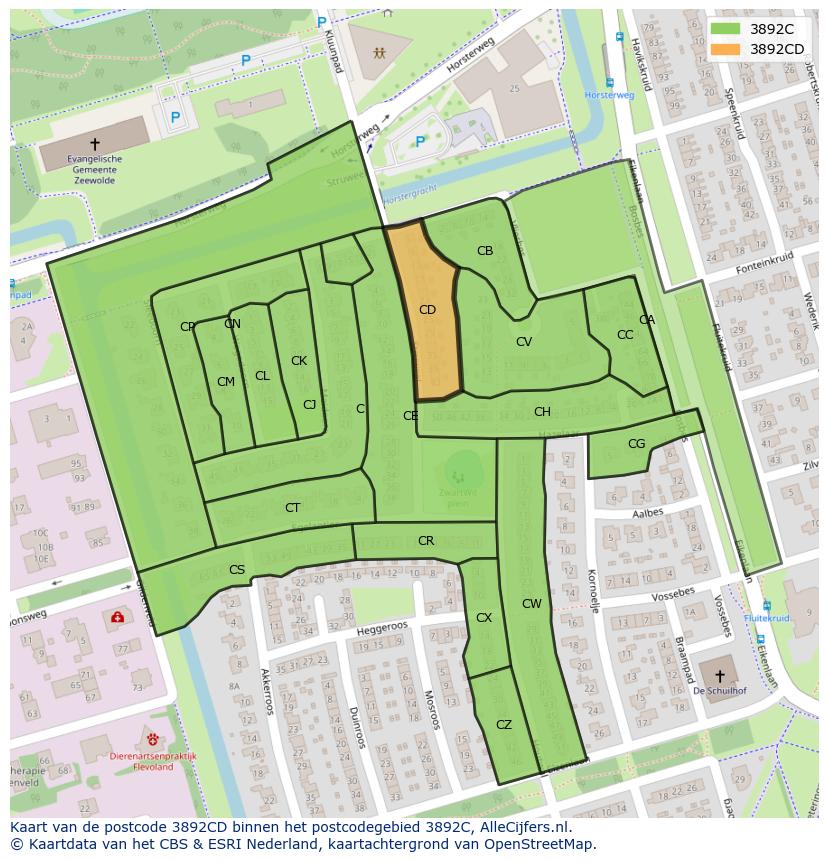 Afbeelding van het postcodegebied 3892 CD op de kaart.