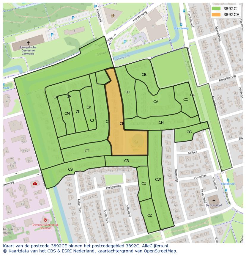 Afbeelding van het postcodegebied 3892 CE op de kaart.