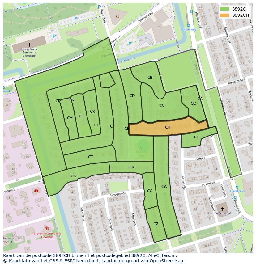 Afbeelding van het postcodegebied 3892 CH op de kaart.