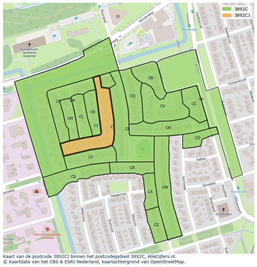 Afbeelding van het postcodegebied 3892 CJ op de kaart.