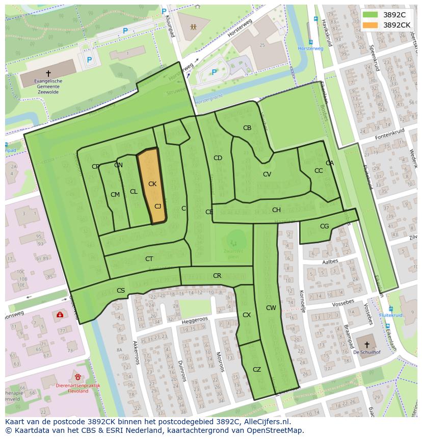 Afbeelding van het postcodegebied 3892 CK op de kaart.