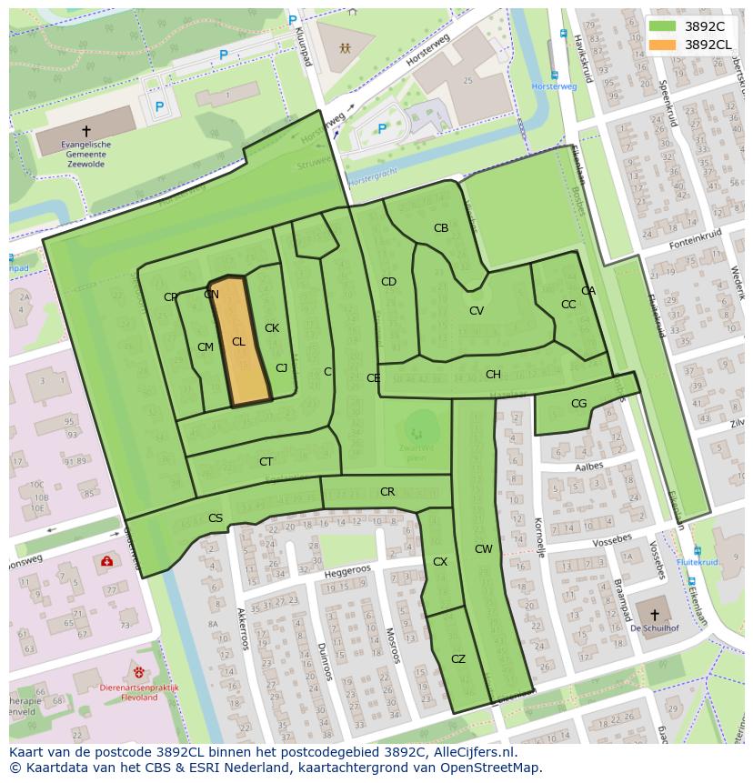 Afbeelding van het postcodegebied 3892 CL op de kaart.