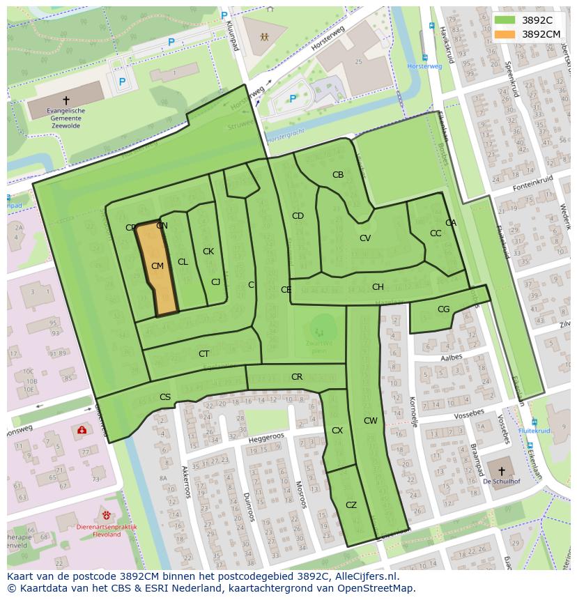 Afbeelding van het postcodegebied 3892 CM op de kaart.