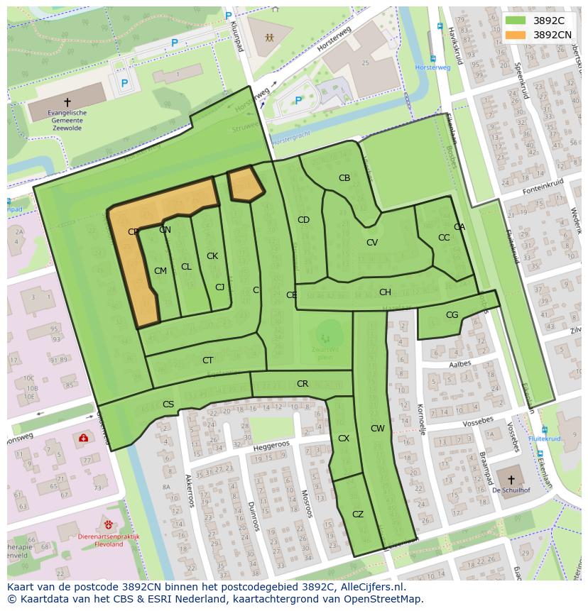 Afbeelding van het postcodegebied 3892 CN op de kaart.
