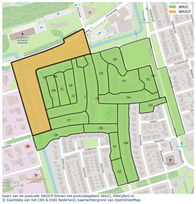 Afbeelding van het postcodegebied 3892 CP op de kaart.