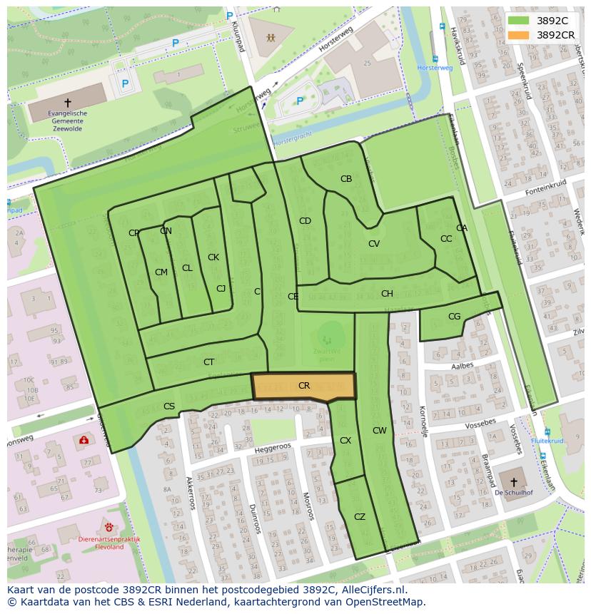 Afbeelding van het postcodegebied 3892 CR op de kaart.