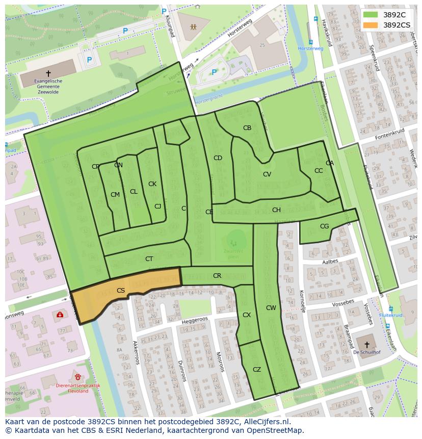 Afbeelding van het postcodegebied 3892 CS op de kaart.