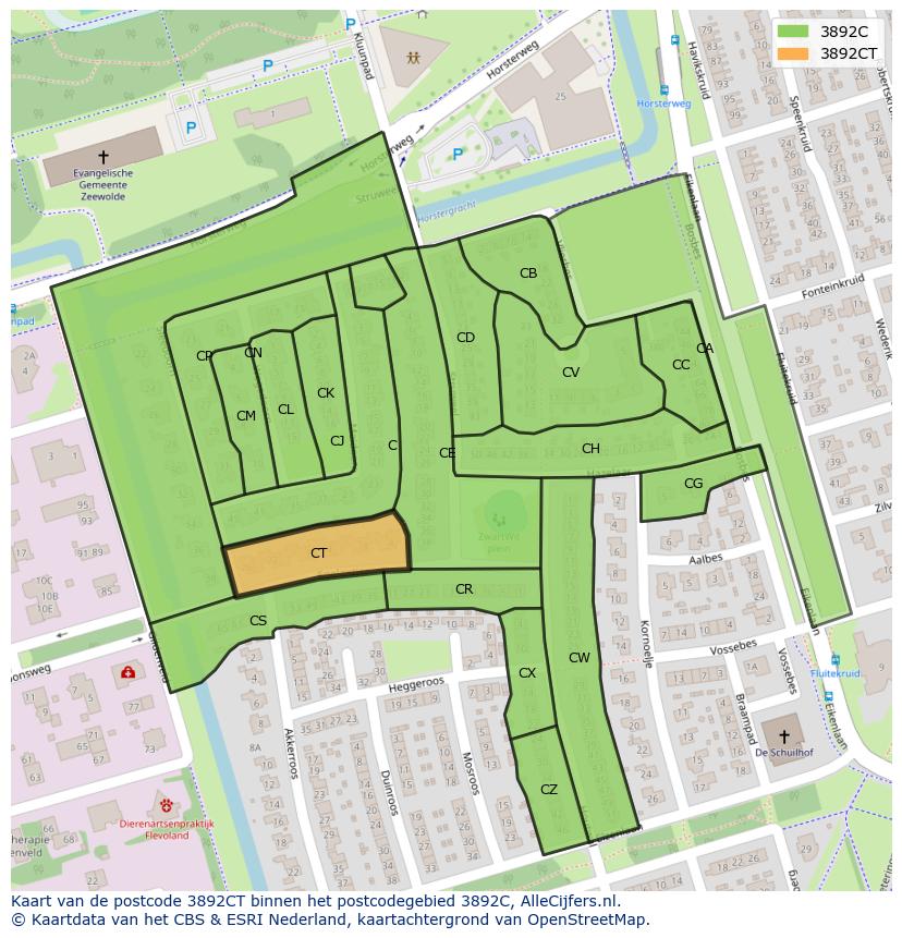 Afbeelding van het postcodegebied 3892 CT op de kaart.