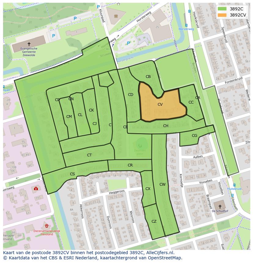 Afbeelding van het postcodegebied 3892 CV op de kaart.