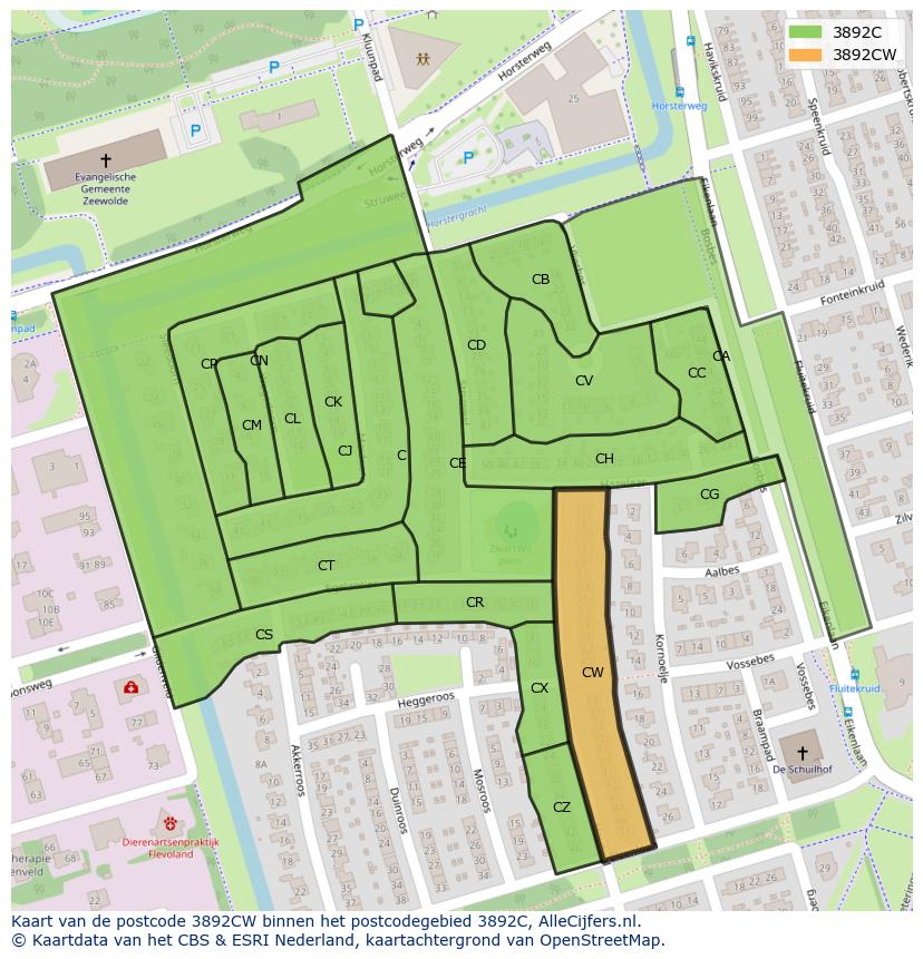Afbeelding van het postcodegebied 3892 CW op de kaart.