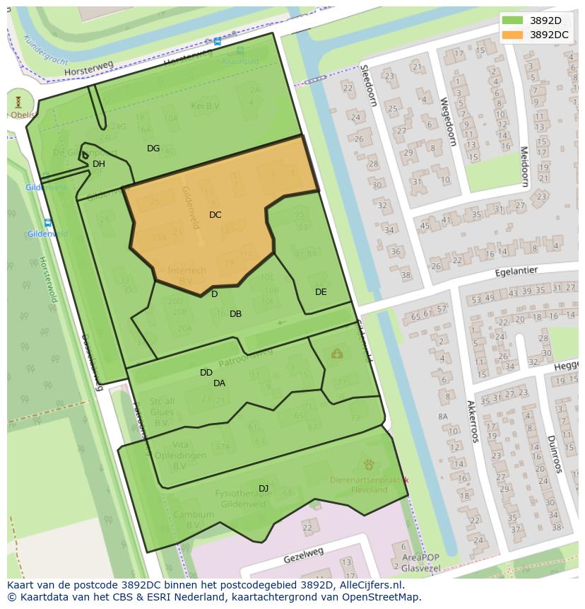 Afbeelding van het postcodegebied 3892 DC op de kaart.