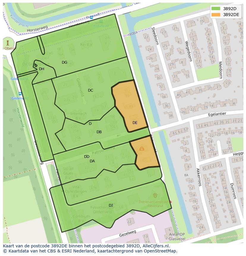 Afbeelding van het postcodegebied 3892 DE op de kaart.