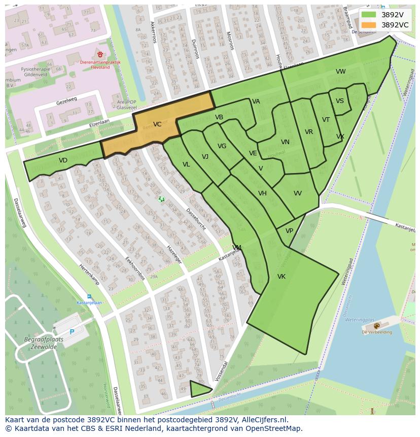 Afbeelding van het postcodegebied 3892 VC op de kaart.