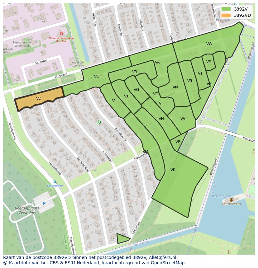 Afbeelding van het postcodegebied 3892 VD op de kaart.