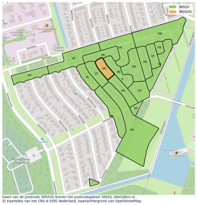 Afbeelding van het postcodegebied 3892 VG op de kaart.