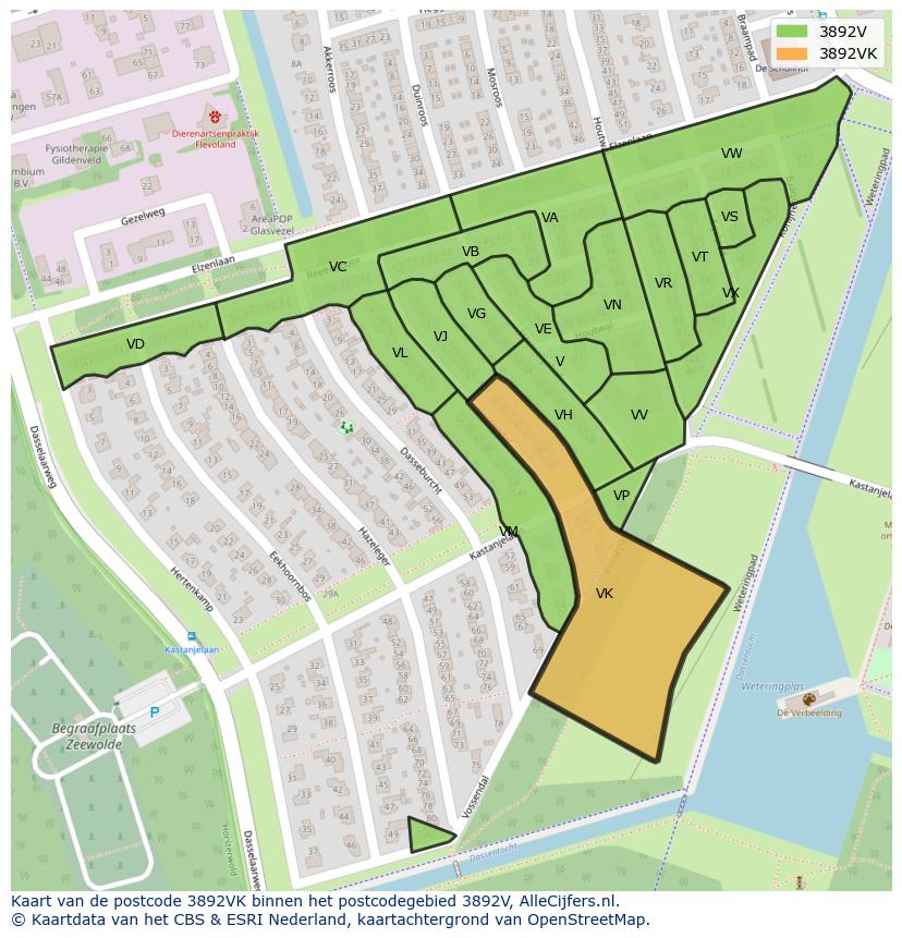 Afbeelding van het postcodegebied 3892 VK op de kaart.