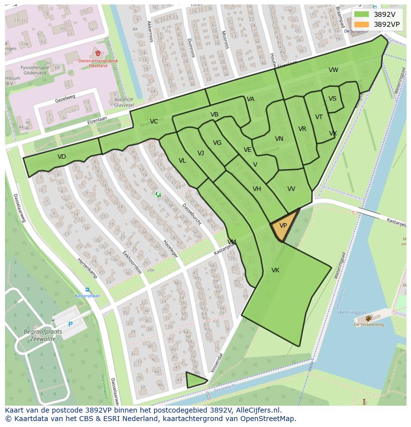 Afbeelding van het postcodegebied 3892 VP op de kaart.