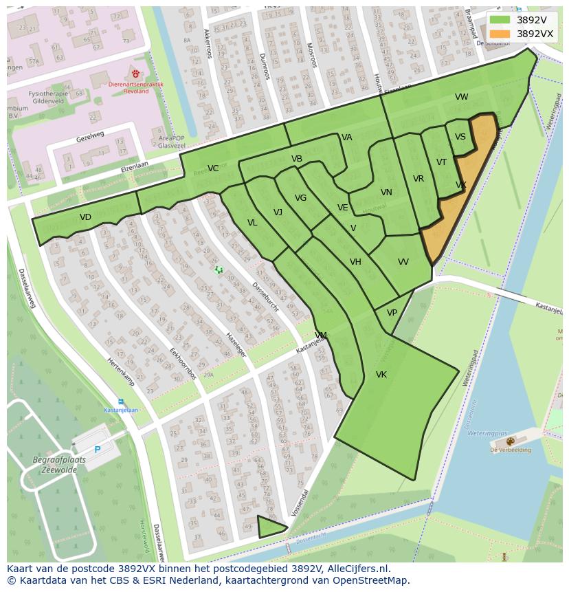 Afbeelding van het postcodegebied 3892 VX op de kaart.