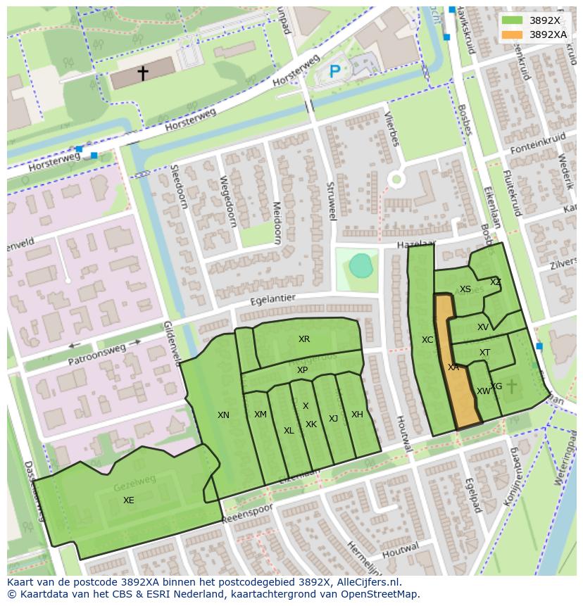 Afbeelding van het postcodegebied 3892 XA op de kaart.