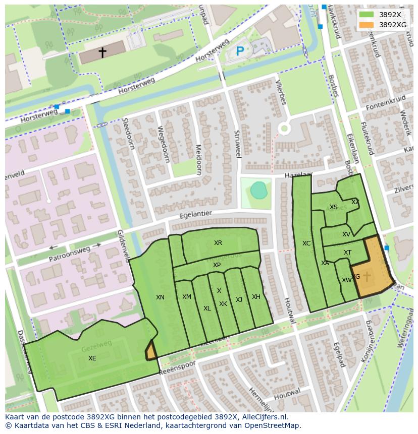 Afbeelding van het postcodegebied 3892 XG op de kaart.