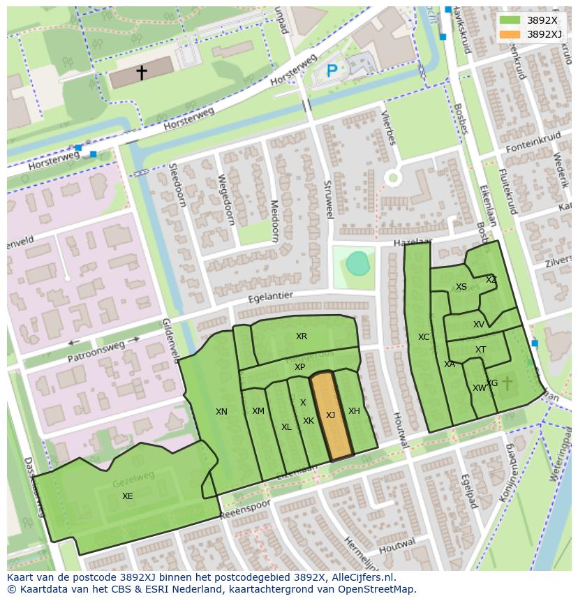 Afbeelding van het postcodegebied 3892 XJ op de kaart.