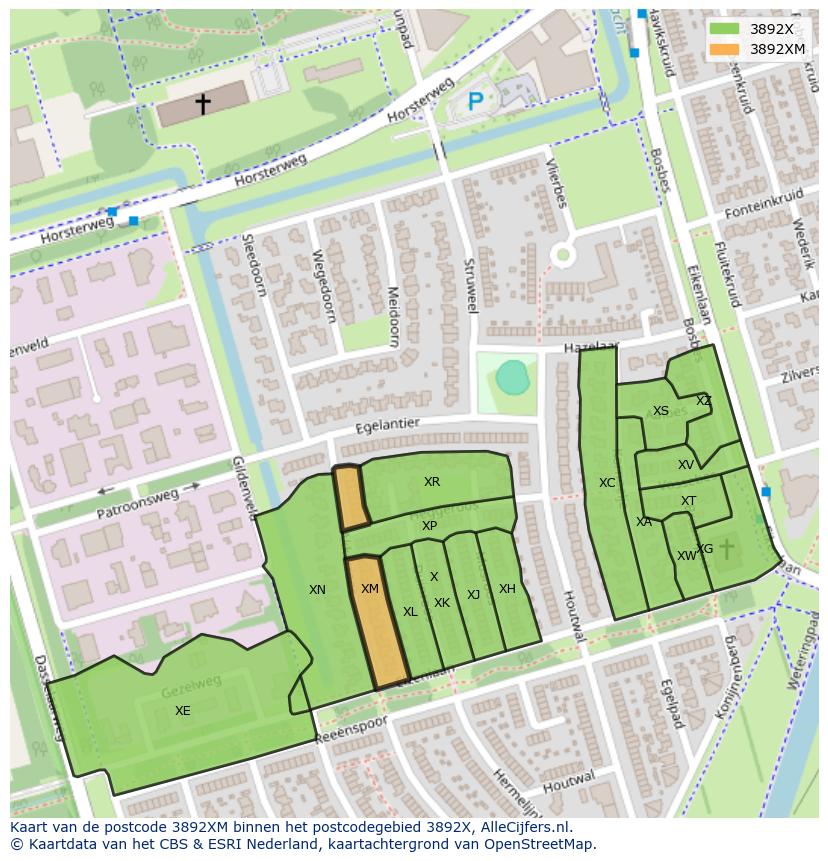 Afbeelding van het postcodegebied 3892 XM op de kaart.