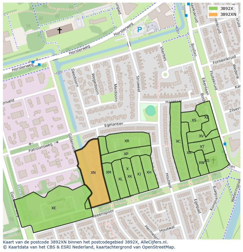 Afbeelding van het postcodegebied 3892 XN op de kaart.