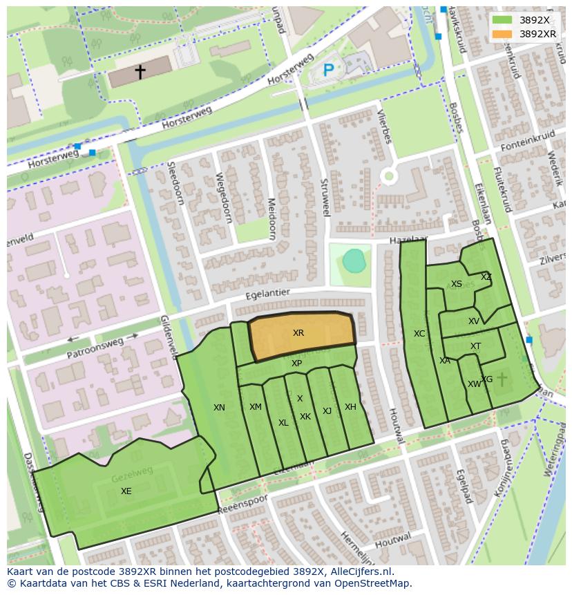 Afbeelding van het postcodegebied 3892 XR op de kaart.