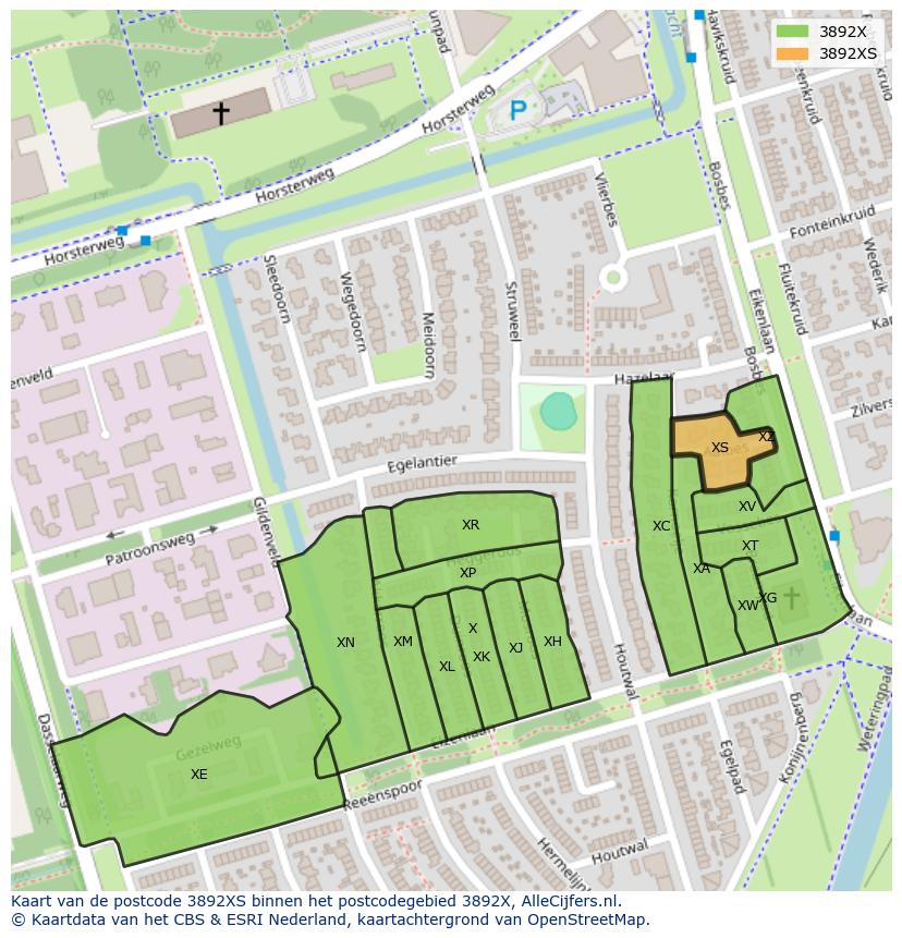 Afbeelding van het postcodegebied 3892 XS op de kaart.