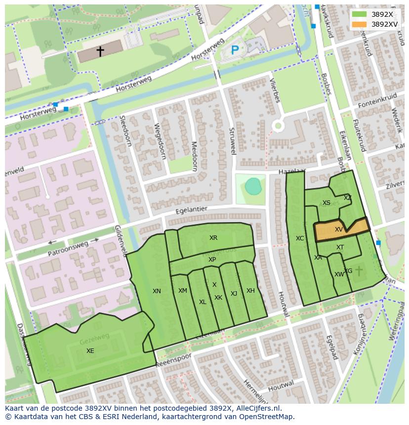 Afbeelding van het postcodegebied 3892 XV op de kaart.