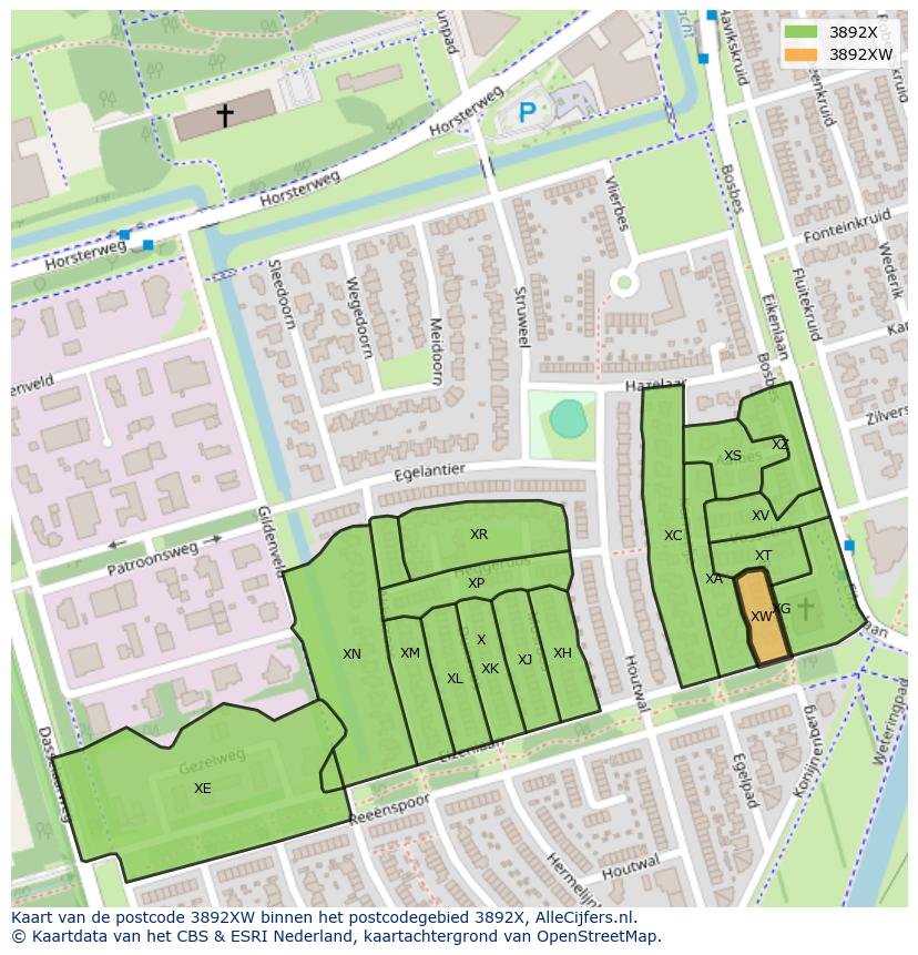 Afbeelding van het postcodegebied 3892 XW op de kaart.