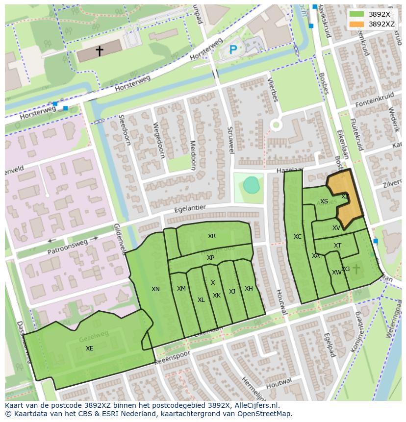 Afbeelding van het postcodegebied 3892 XZ op de kaart.