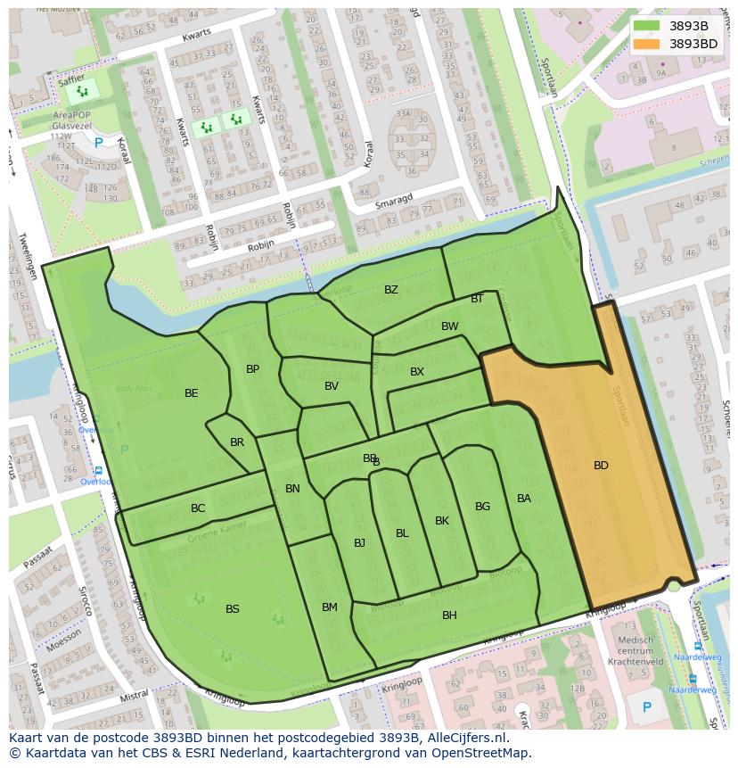 Afbeelding van het postcodegebied 3893 BD op de kaart.