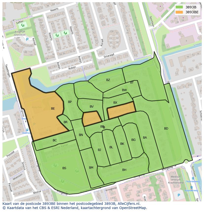 Afbeelding van het postcodegebied 3893 BE op de kaart.