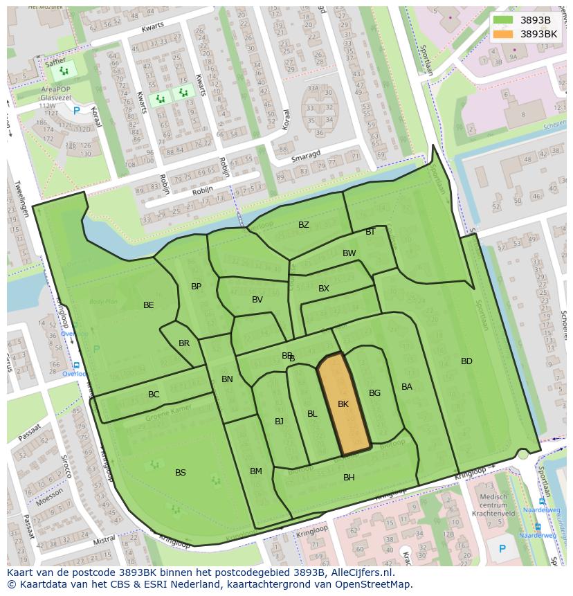 Afbeelding van het postcodegebied 3893 BK op de kaart.