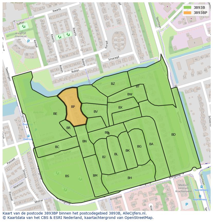 Afbeelding van het postcodegebied 3893 BP op de kaart.