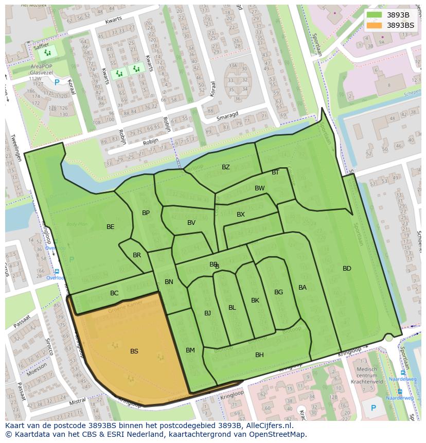 Afbeelding van het postcodegebied 3893 BS op de kaart.