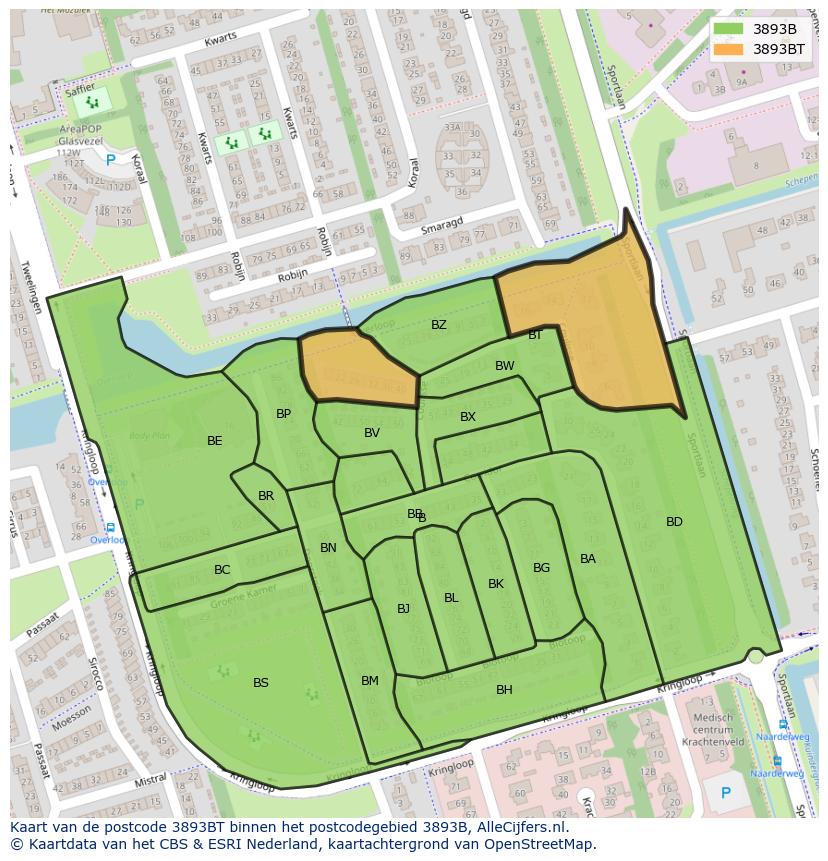 Afbeelding van het postcodegebied 3893 BT op de kaart.