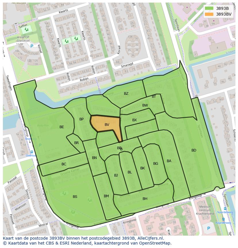 Afbeelding van het postcodegebied 3893 BV op de kaart.