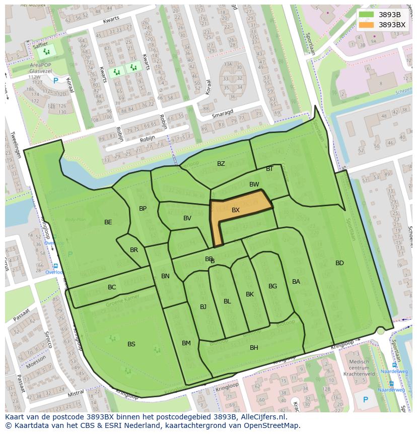 Afbeelding van het postcodegebied 3893 BX op de kaart.