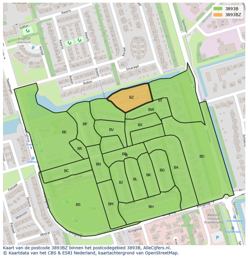 Afbeelding van het postcodegebied 3893 BZ op de kaart.