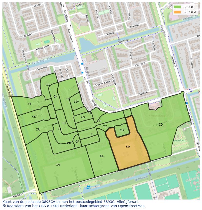 Afbeelding van het postcodegebied 3893 CA op de kaart.