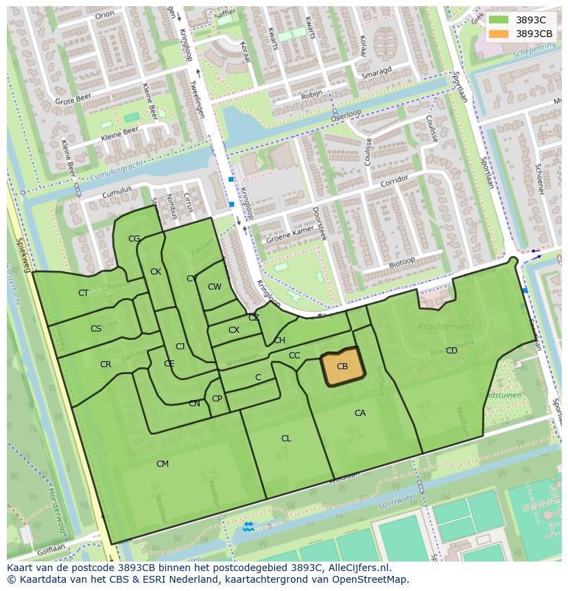 Afbeelding van het postcodegebied 3893 CB op de kaart.