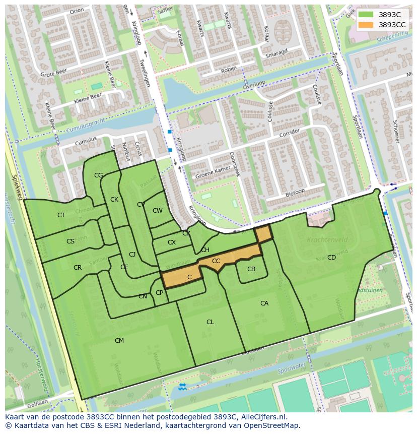 Afbeelding van het postcodegebied 3893 CC op de kaart.