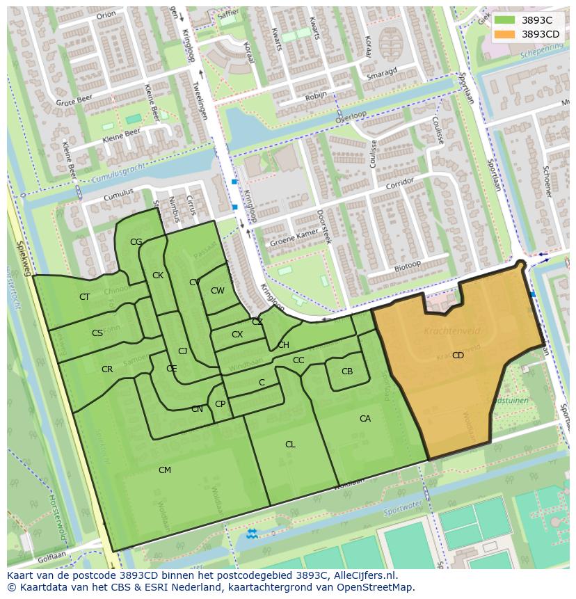 Afbeelding van het postcodegebied 3893 CD op de kaart.