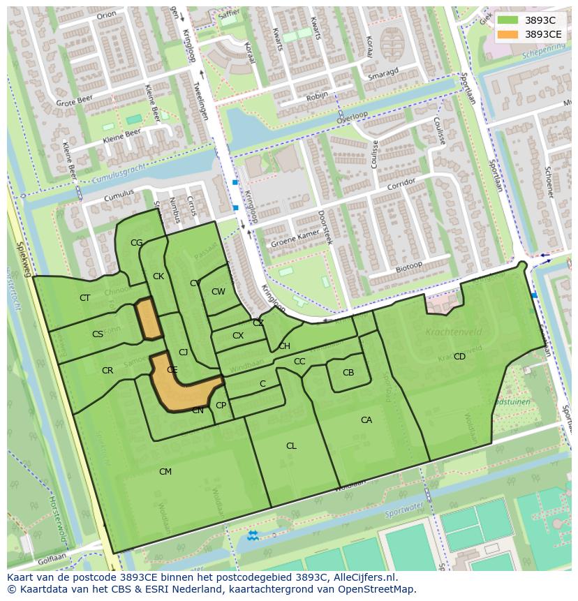 Afbeelding van het postcodegebied 3893 CE op de kaart.