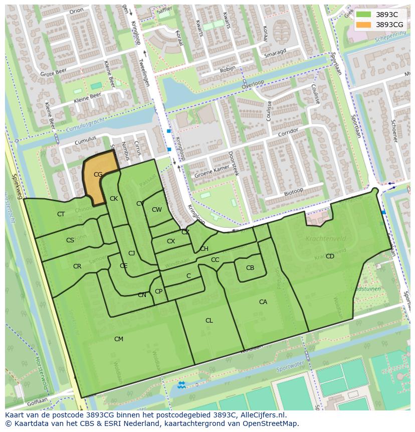 Afbeelding van het postcodegebied 3893 CG op de kaart.